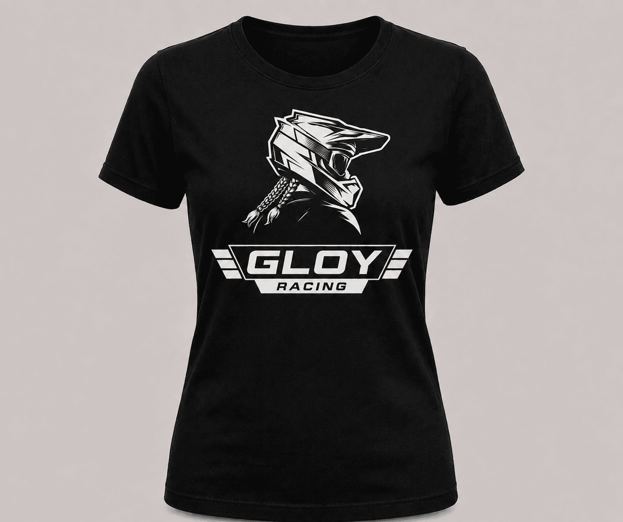 T-shirt noir coupe femme, floqué d'un casque de cross avec une tresse au-dessus du logo Gloy Racing