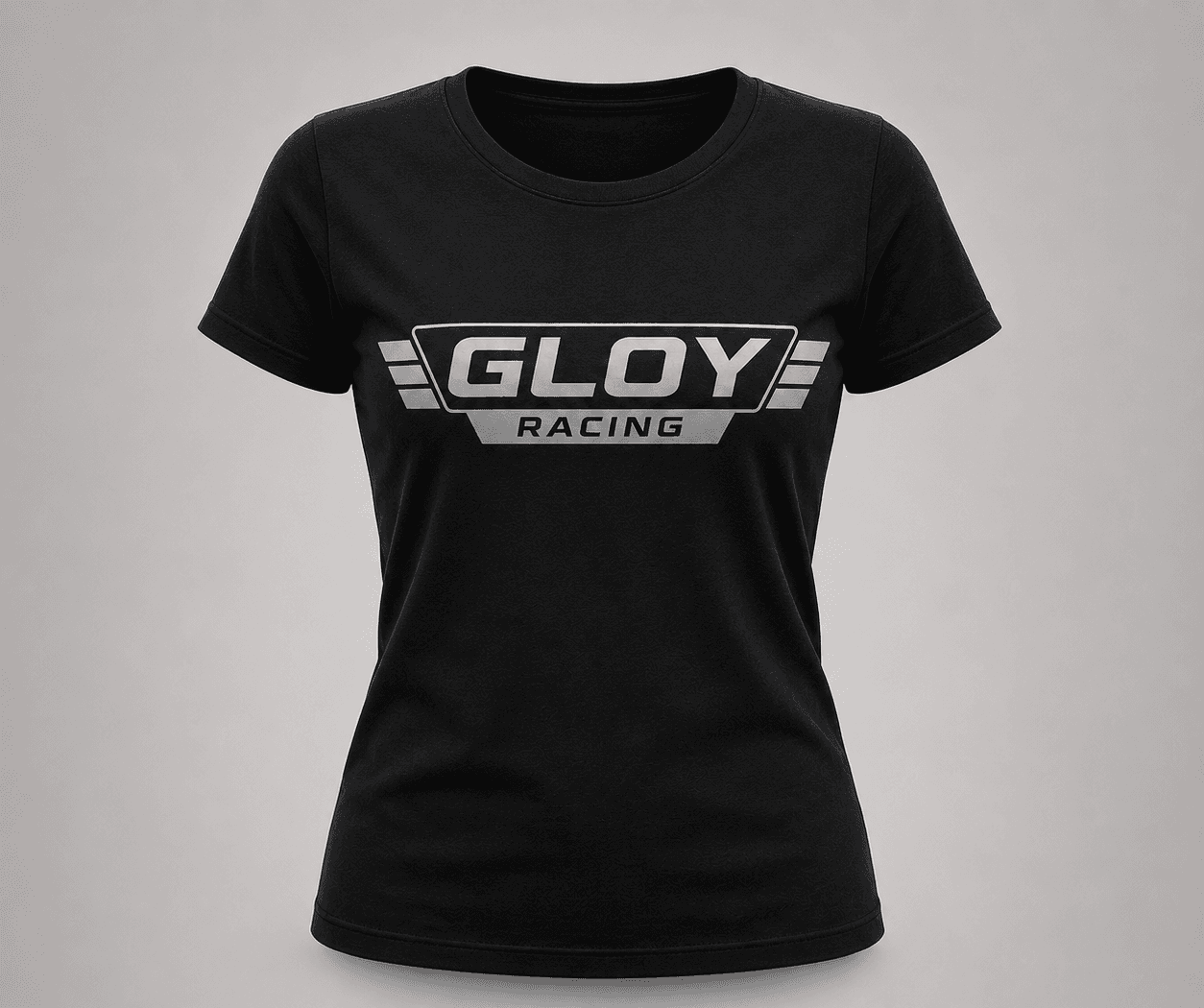 T-shirt femme noir, coupe ajustée, floqué du logo Gloy Racing gris sur la poitrine