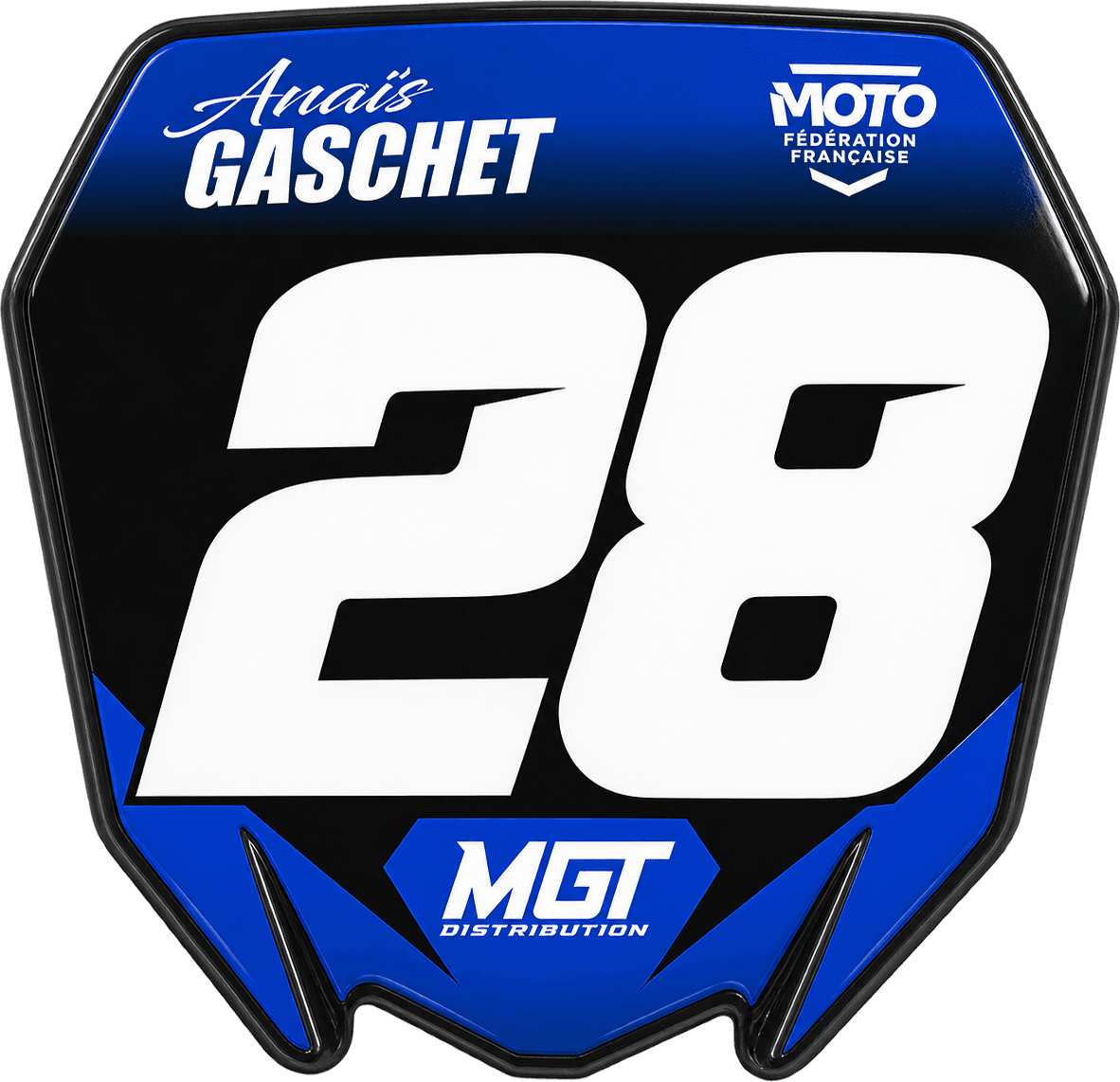 Plaque avant de moto cross noire et bleue, floquée du nom Anaïs Gaschet et du numéro 28, signée MGT Distribution